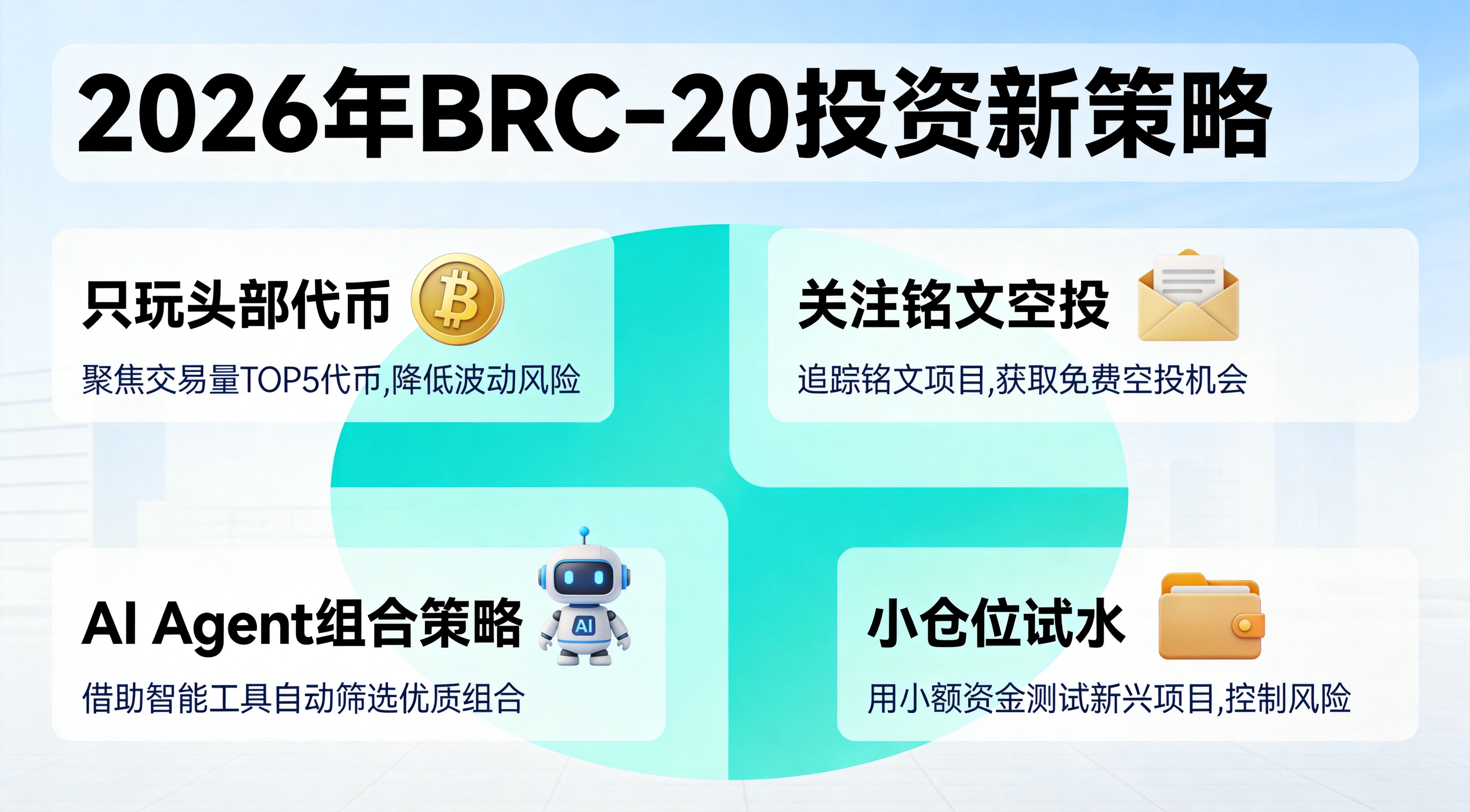 蓝绿色四象限策略图,展示只玩头部、铭文空投、AI Agent组合、小仓位试水四个BRC-20新策略 蓝绿色四象限策略图,展示只玩头部、铭文空投、AI Agent组合、小仓位试水四个BRC-20新策略