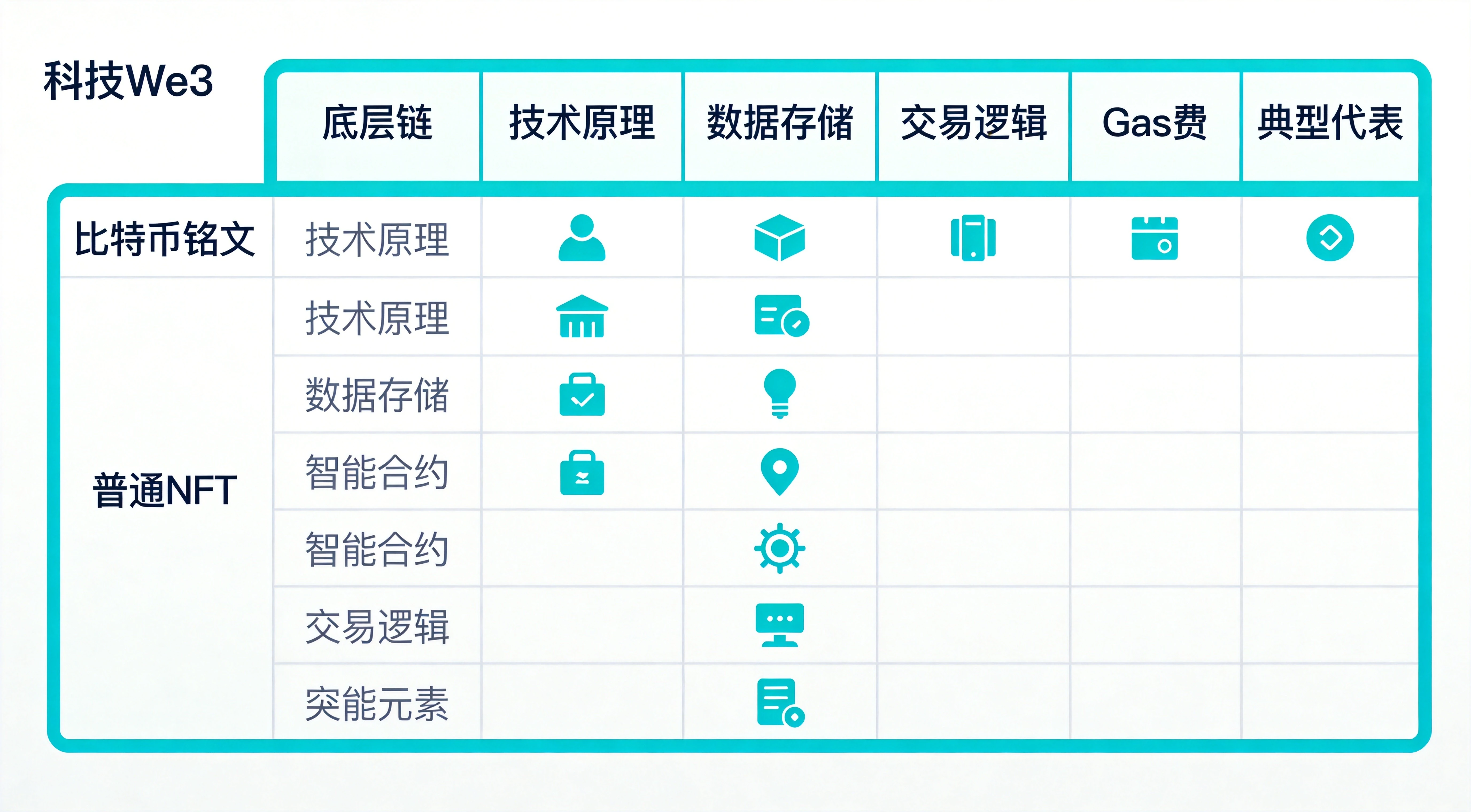 比特币铭文与普通NFT核心区别对比总览表,清晰呈现底层链、技术原理、数据存储、智能合约、交易逻辑、Gas费等10个核心维度的对比信息,帮助读者快速直观理解两者核心差异 比特币铭文与普通NFT核心区别对比总览表,清晰呈现底层链、技术原理、数据存储、智能合约、交易逻辑、Gas费等10个核心维度的对比信息,帮助读者快速直观理解两者核心差异